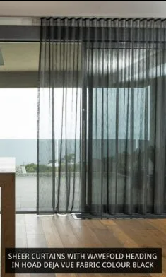 Sheer Black Wavefold Curtains Beside Floor-to-ceiling Glass — NT Blinds in Yarrawonga, NT
