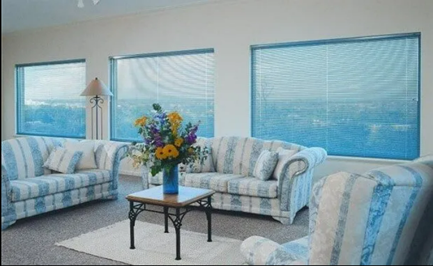 Bright Living Room With Blue Striped Sofas — NT Blinds in Yarrawonga, NT