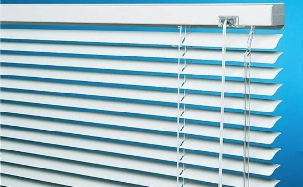 White Window Blinds With Blue Horizontal Slats and Two Hanging Pull Cords — NT Blinds in Yarrawonga, NT