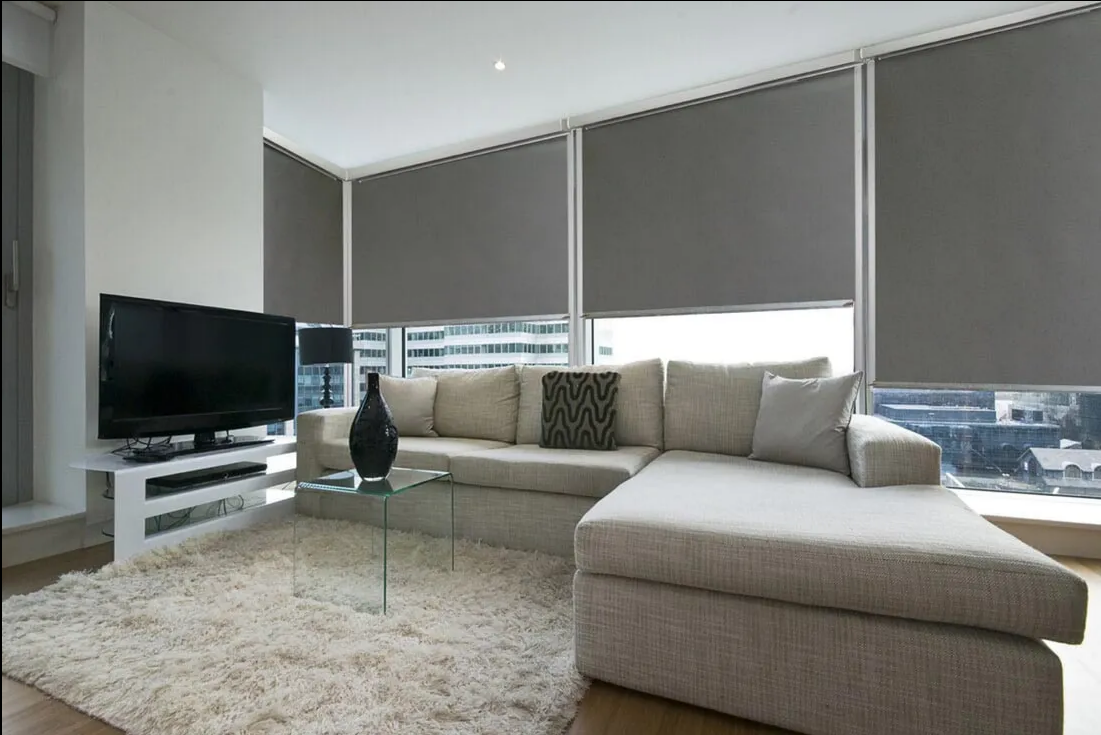 Modern Living Room With Gray Sectional — NT Blinds in Yarrawonga, NT