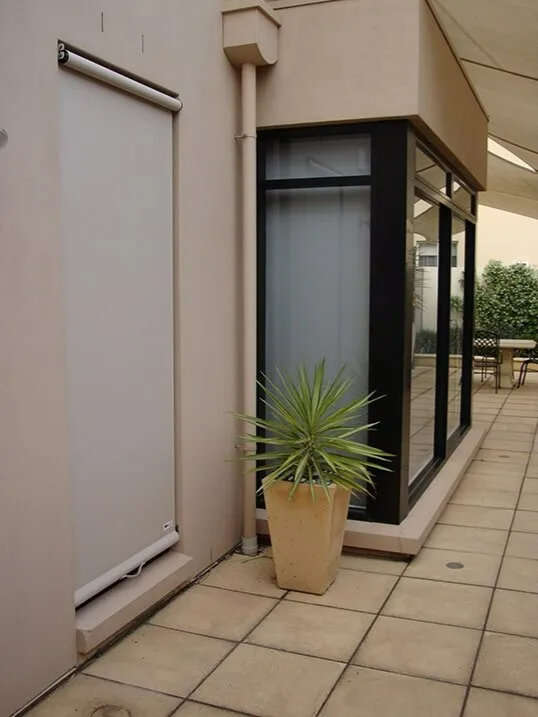 Narrow Outdoor Patio With Beige Tiles, a Potted — NT Blinds in Yarrawonga, NT