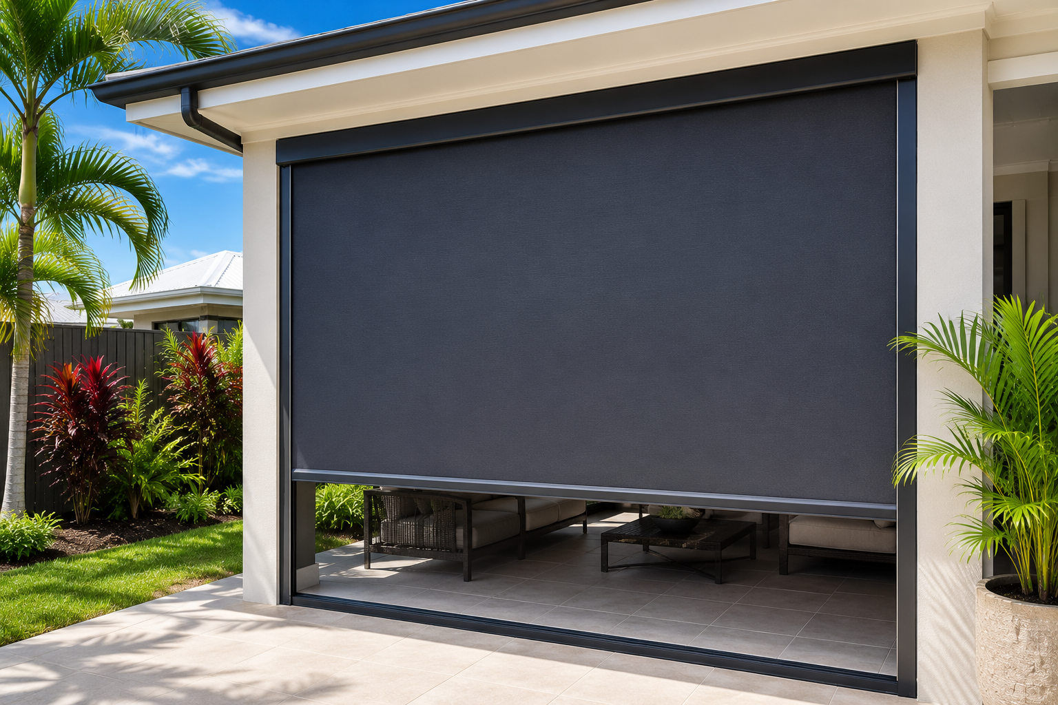 Closed dark gray garage door on a modern house with tropical landscaping — NT Blinds in Yarrawonga, NT