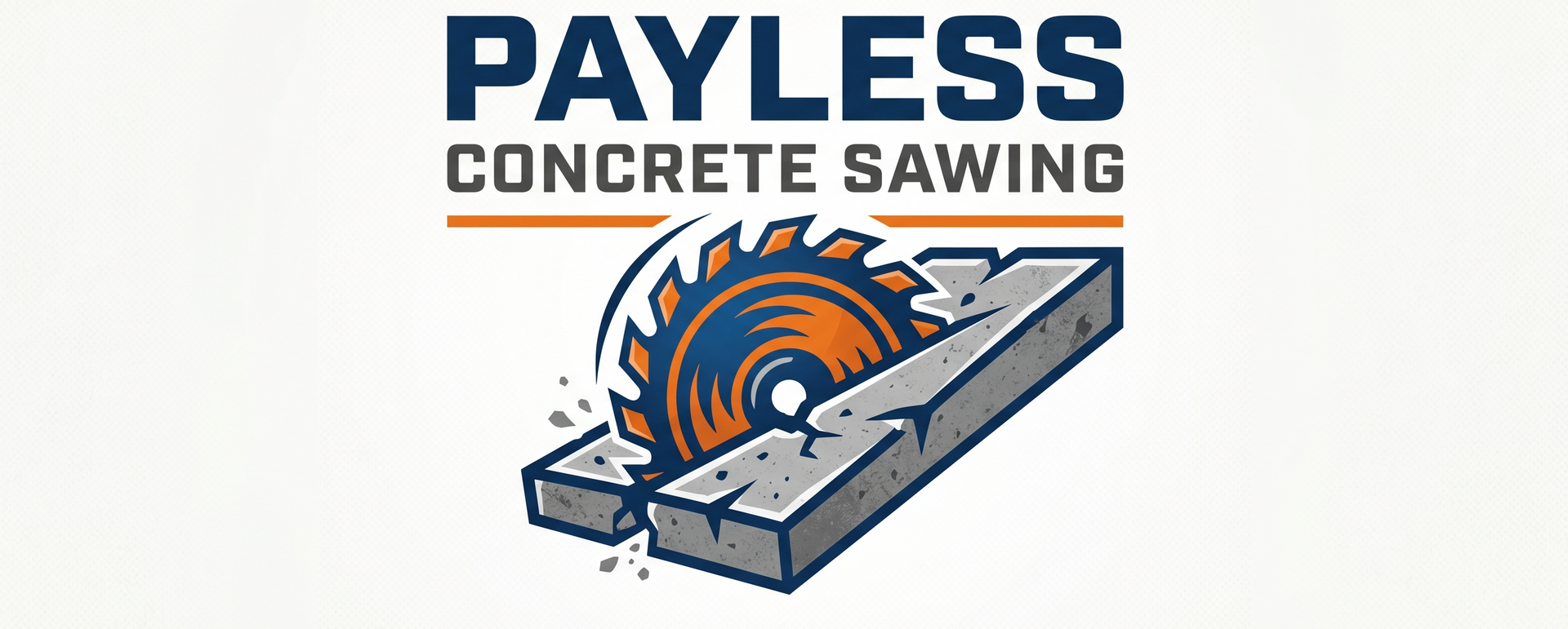 Payless Concrete Sawing logo with a circular saw cutting concrete in blue, orange, and gray