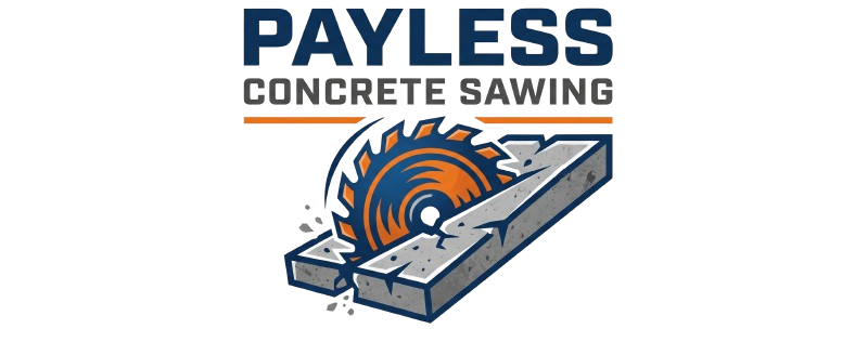 Payless Concrete Sawing logo with a concrete saw cutting a slab in orange, blue, and gray