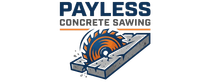 Payless Concrete Sawing logo with a concrete saw cutting a slab in orange, blue, and gray