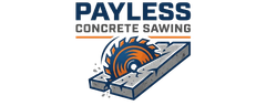 Payless Concrete Sawing logo with a concrete saw cutting a slab in orange, blue, and gray