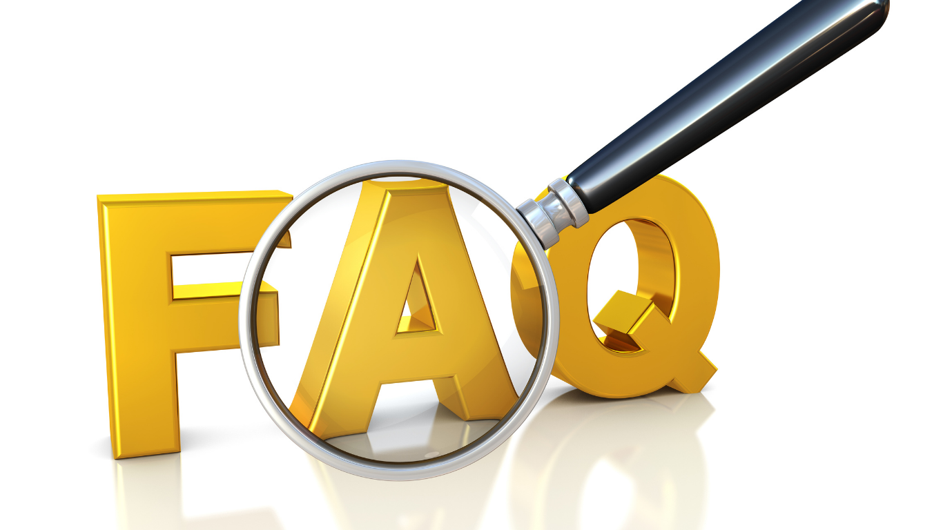 Yellow “FAQ” letters with a magnifying glass over the “A” on a white background