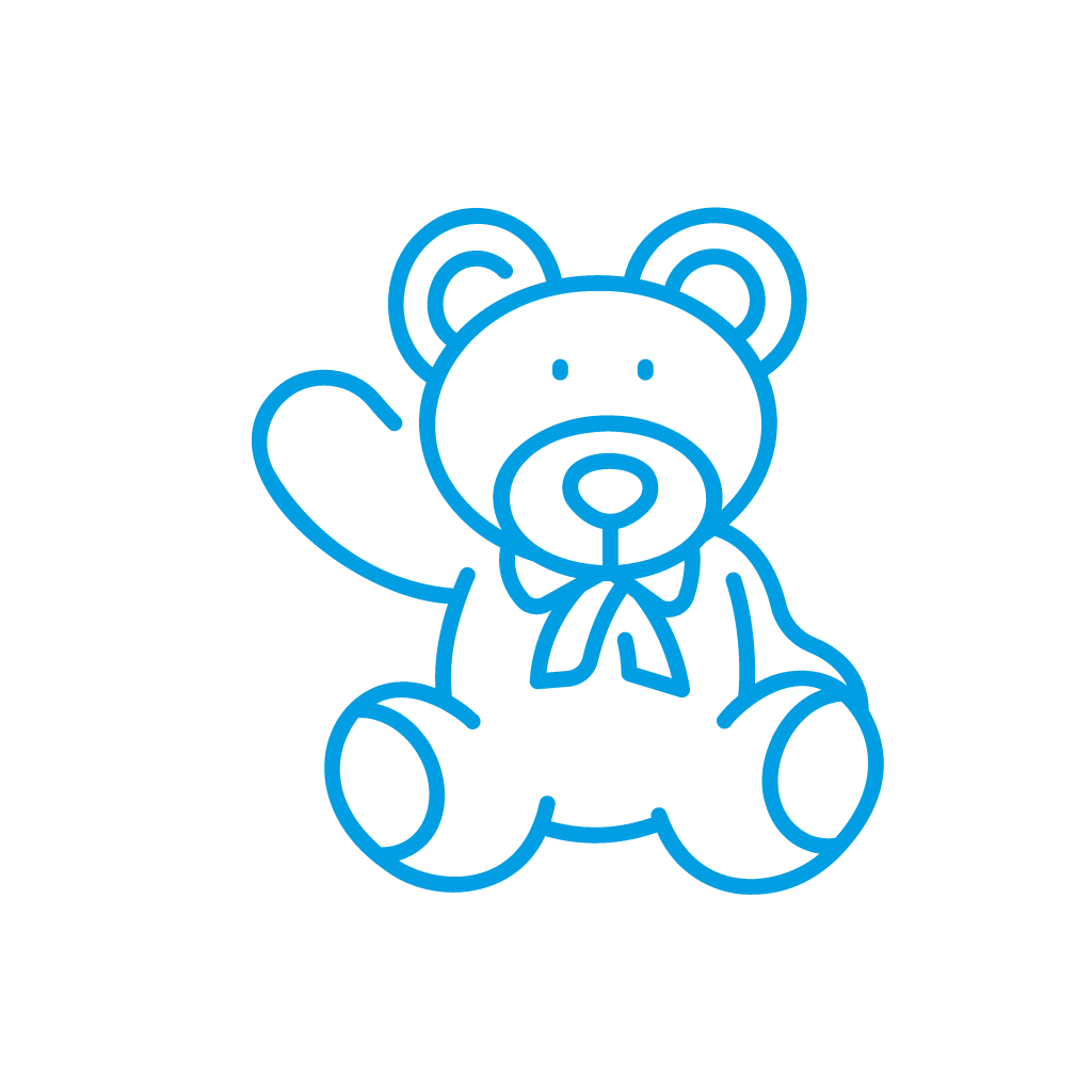 A blue line drawing of a teddy bear with a bow tie.