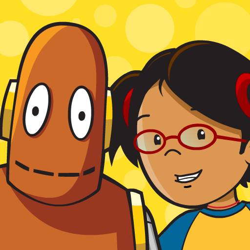 A girl wearing glasses is standing next to a robot
