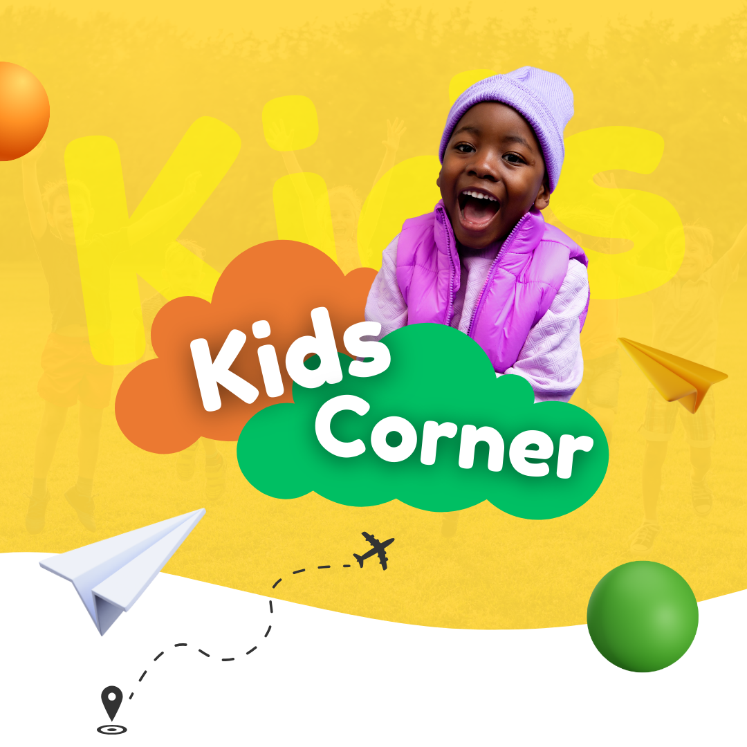 A child is smiling in a kids corner advertisement
