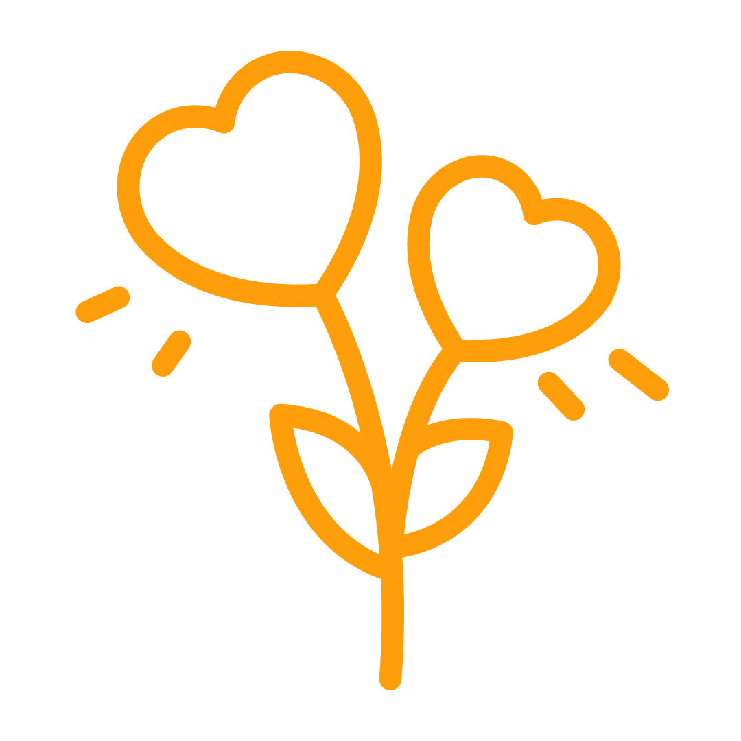 A line drawing of a flower with two hearts on it.