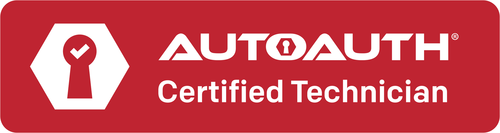 A red rectangular badge featuring the white AutoAuth logo, a hexagonal keyhole icon with a checkmark, and text.