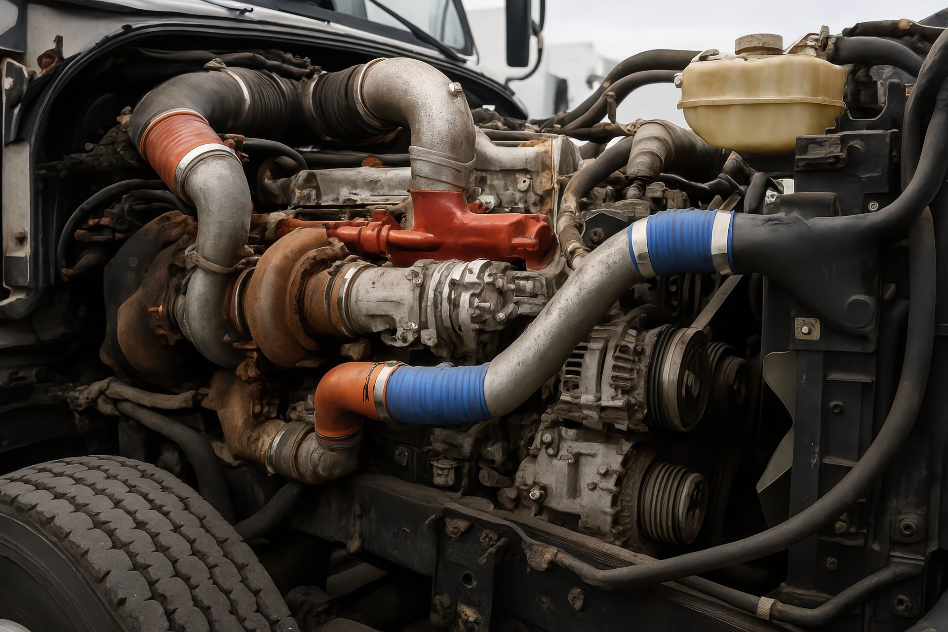 Diesel truck engine with red, blue, and black hoses, and a turbocharger.
