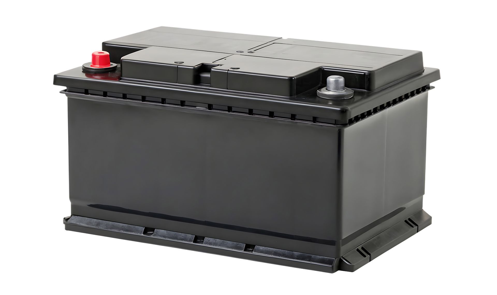 Car battery, black, with red positive and silver negative terminals.