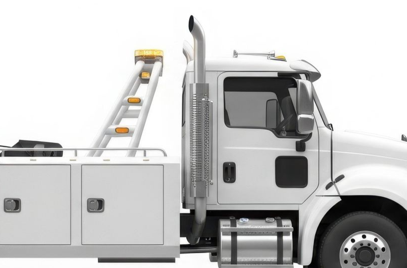 White tow truck with emergency lights on white background.