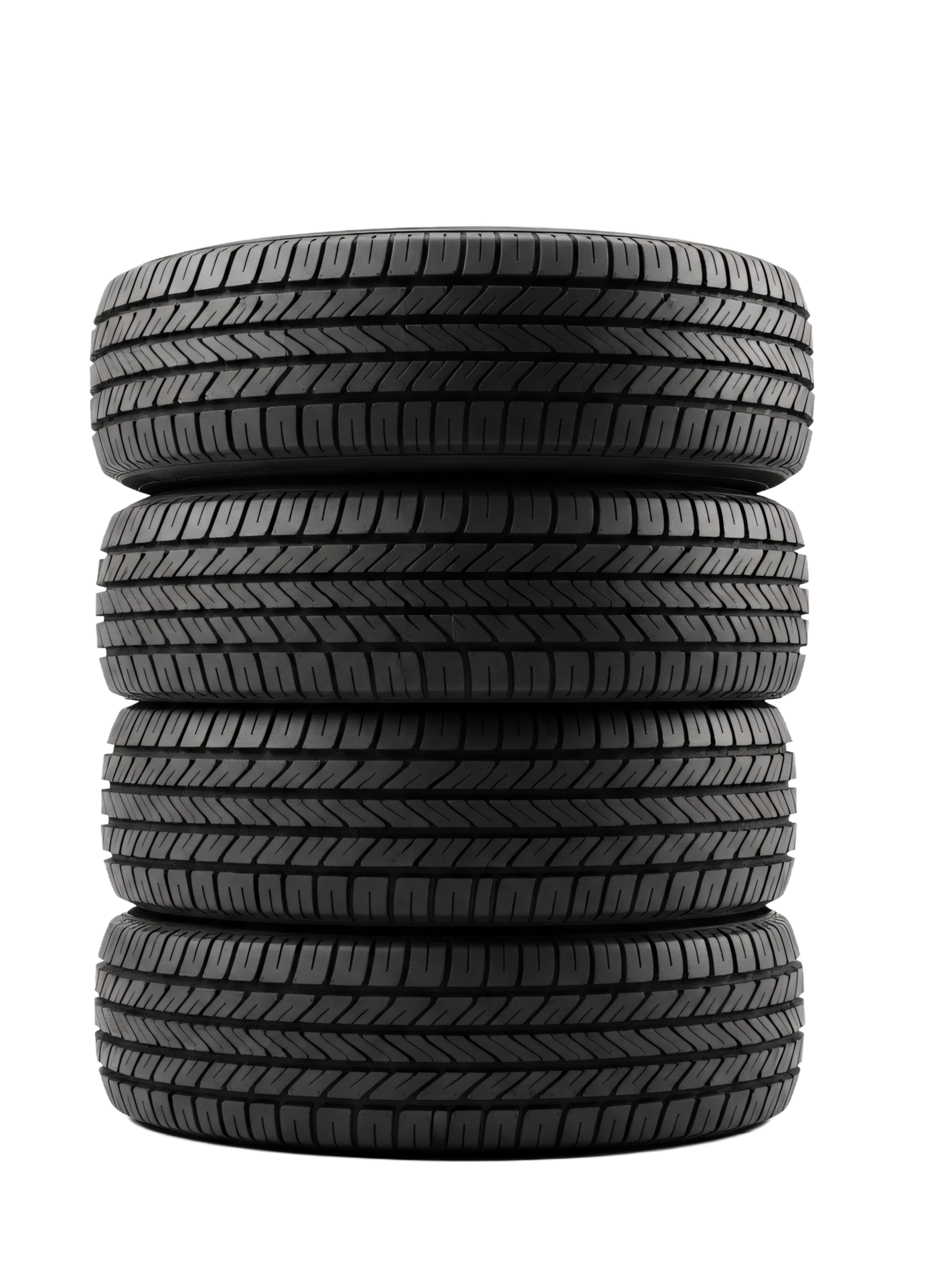 Stack of four black car tires against a white background.