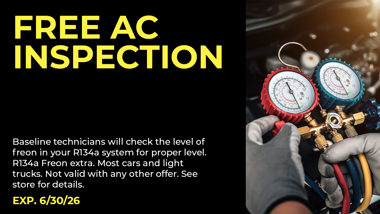Free AC inspection offer: Text on black background, hand holding gauges, expiration June 30, 2026.