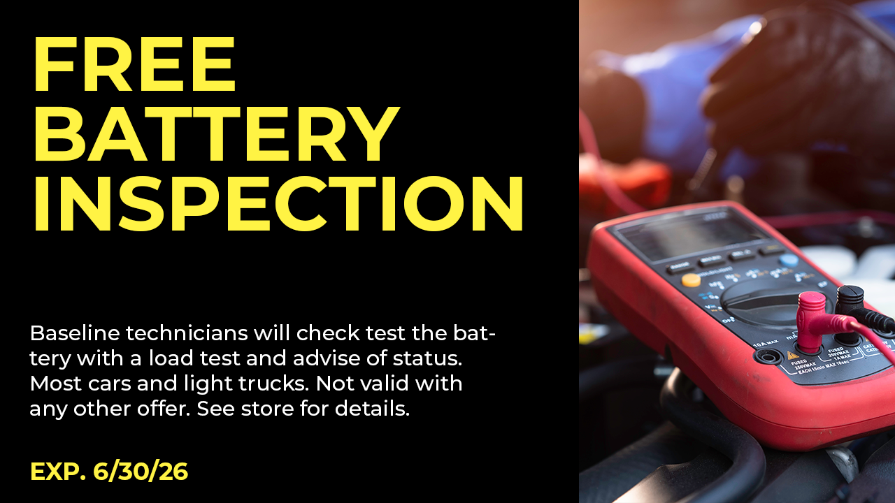Promotional flyer for a free battery inspection, showing a technician testing a battery with a red multimeter. Exp. 6/30/26.
