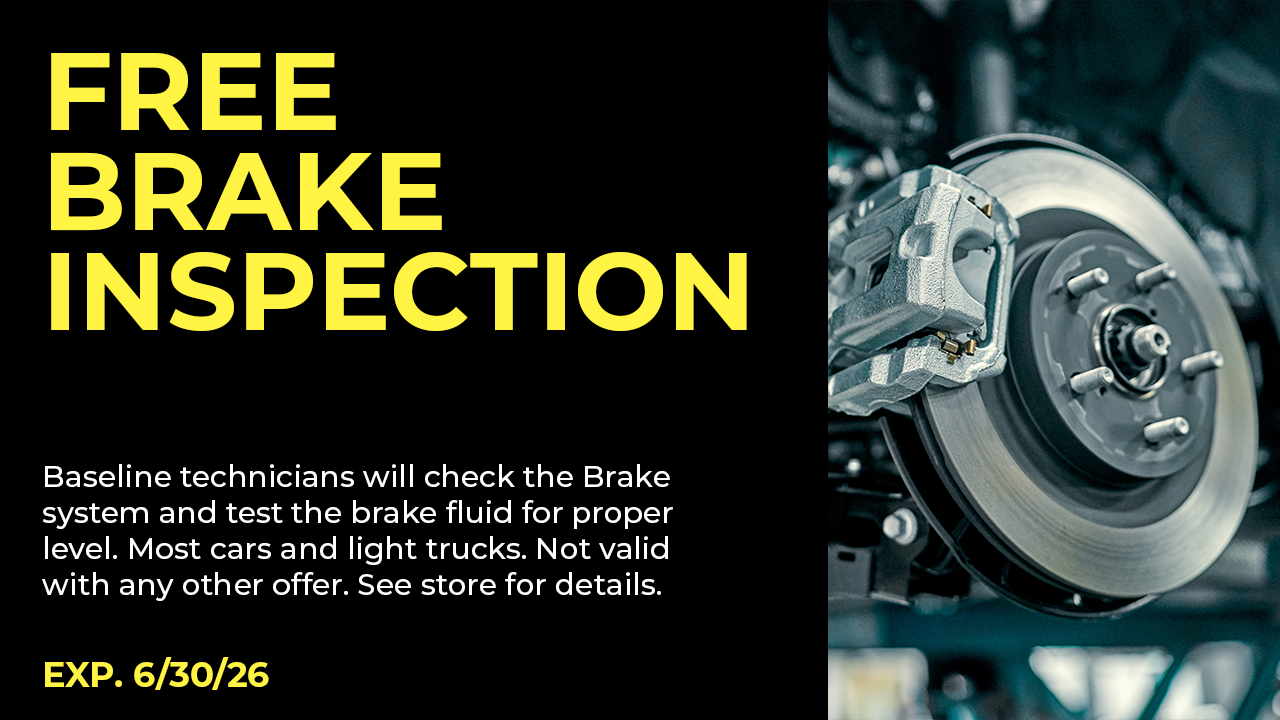 A promotional graphic offering a free brake inspection. Includes yellow text on a black background and a vehicle brake image.