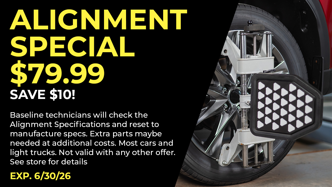 Alignment special for $79.99, save $10! Car wheel with alignment equipment. Expires 6/30/26.