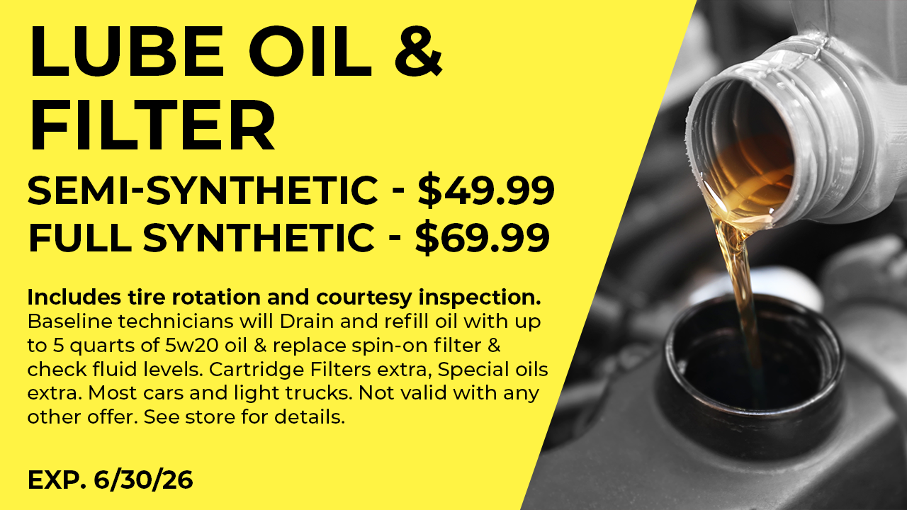 A yellow promotional flyer for oil and filter services, priced at $49.99 for semi-synthetic and $69.99 for full synthetic.