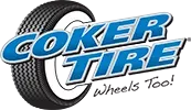 Coker Tire logo with blue text on a tire, 