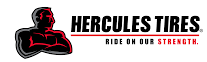 Logo of Hercules Tires: silhouette of a muscular man, with black text “HERCULES TIRES” and tagline “Ride on Our Strength.”