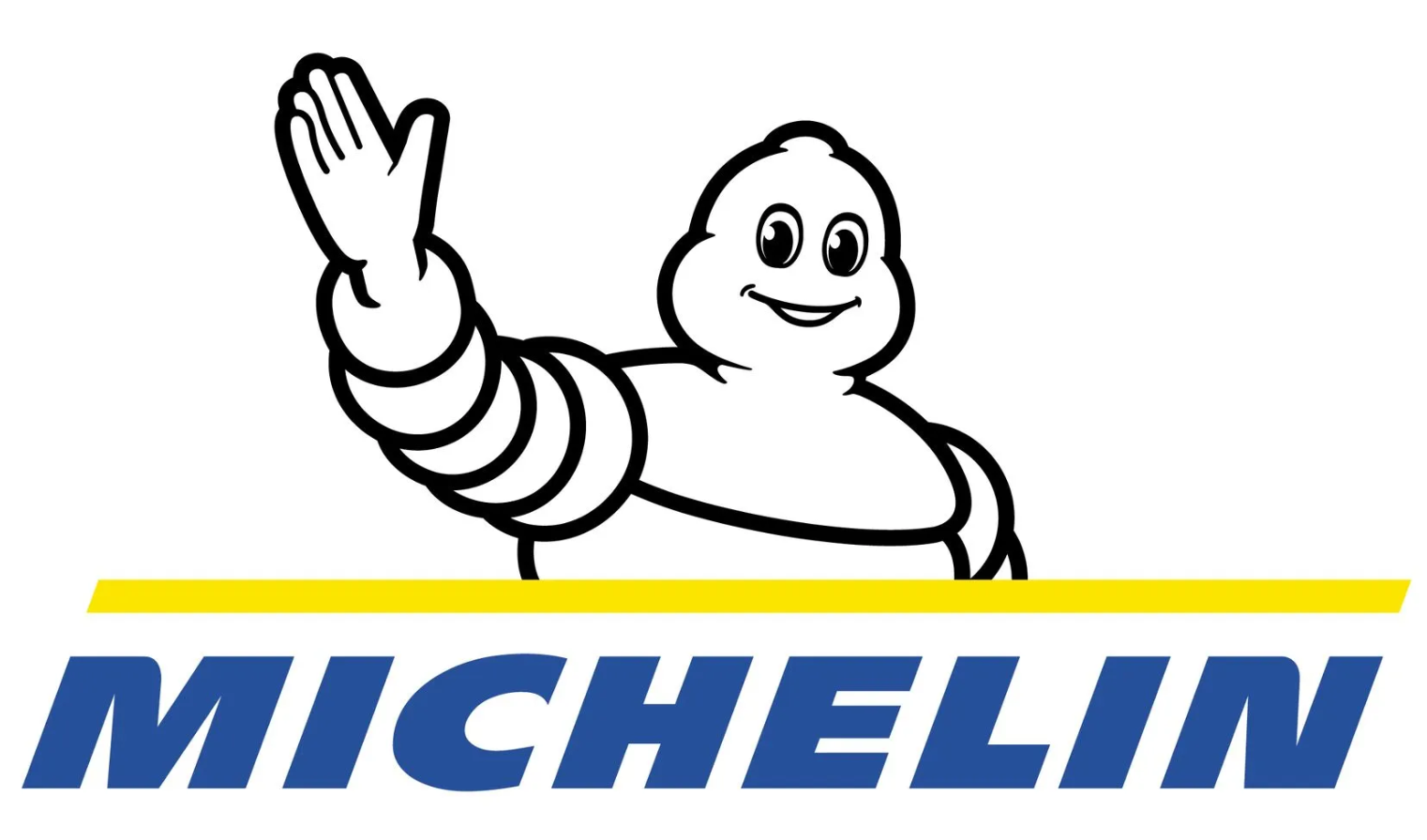 Michelin Man waving; white figure atop blue