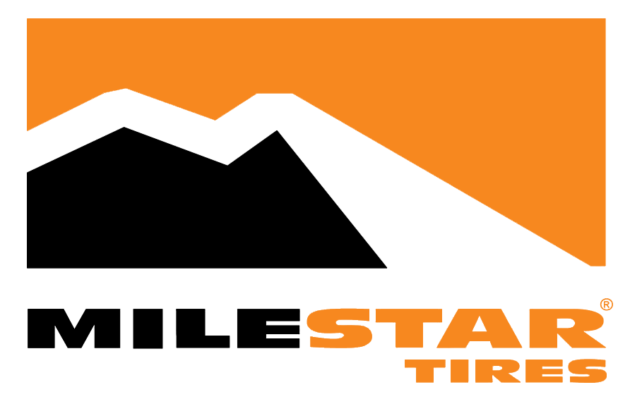 Logo of MileStar Tires with a mountain graphic. Black mountain against white and orange background.