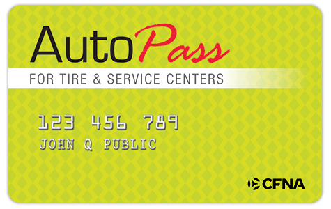 AutoPass card for tire and service centers with a customer's name and account number on a green background.