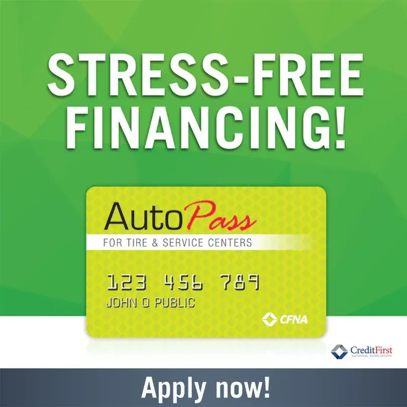 Ad for AutoPass tire and service financing. Features a credit card graphic, text: 