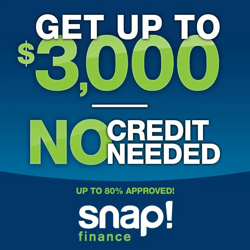 Advertisement for Snap! Finance offering up to $3,000 with no credit needed, displayed on a blue background.