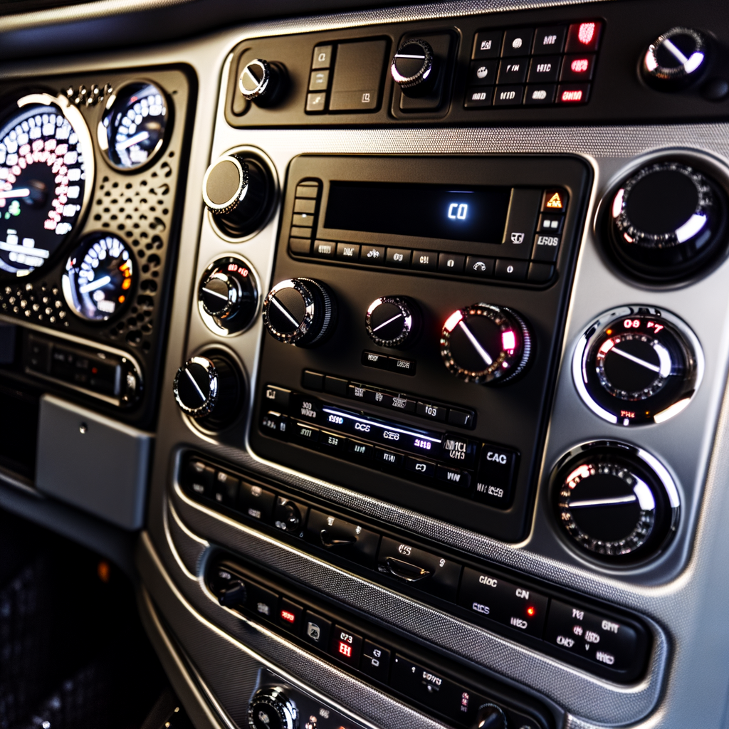 Close-up of a semi-truck dashboard with gauges, radio, and control knobs in a metallic finish.