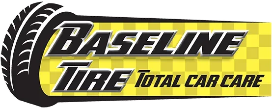 Logo for Baseline Tire Total Car Care. Features tire graphic and yellow checkered background.