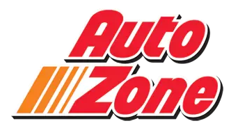 AutoZone logo: Red text with black outline over an orange and yellow stripe, on a white background.