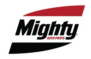 Mighty Auto Parts logo with black and red design. White background with
