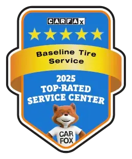 CARFAX 2025 Top-Rated Service Center badge with a fox mascot, gold stars, and a banner for Baseline Tire Service.