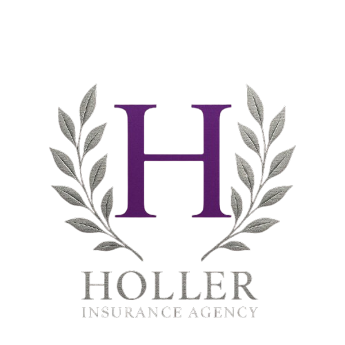 Purple "H" within a laurel wreath, with "HOLLER INSURANCE AGENCY" below in gray.