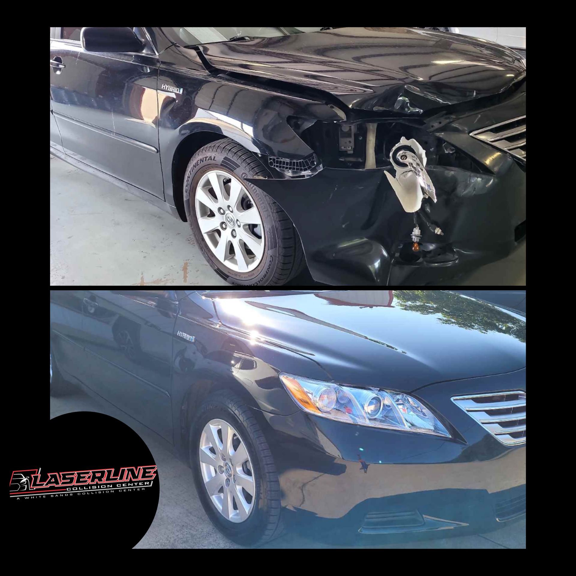 A before and after photo of a black car