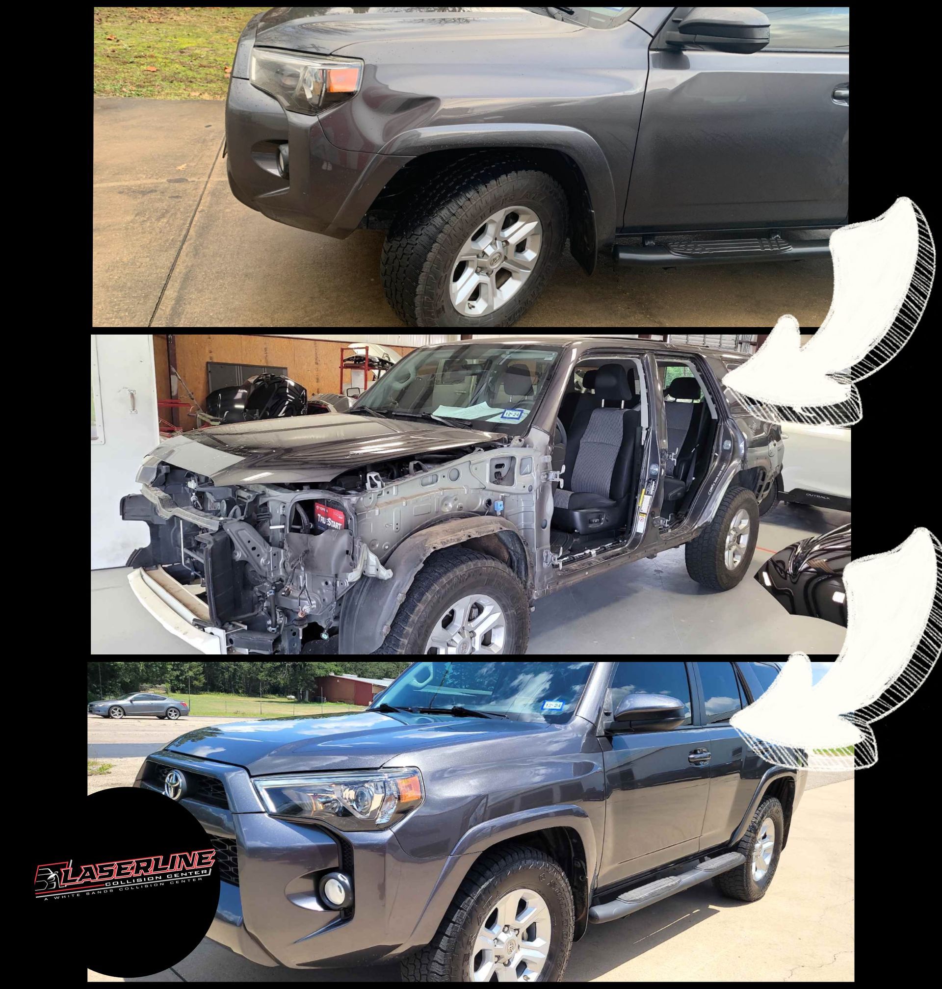 A toyota 4runner is shown before and after being damaged