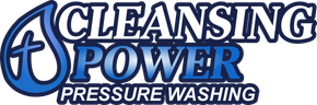 Logo for Cleansing Power Pressure Washing featuring a blue water drop containing a cross, with bold blue text below.