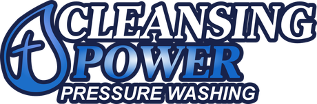 Logo for Cleansing Power Pressure Washing featuring blue text and a water drop icon containing a cross.