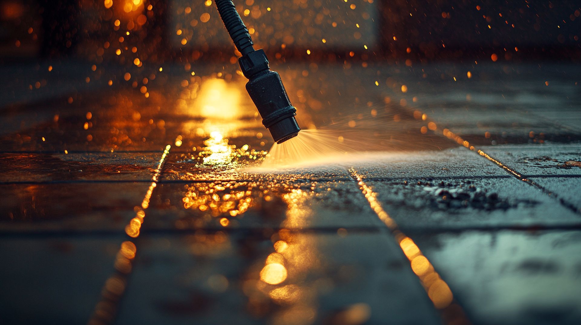 A pressure washer nozzle sprays water onto dark stone tiles, creating a glowing, light-filled mist at dusk.