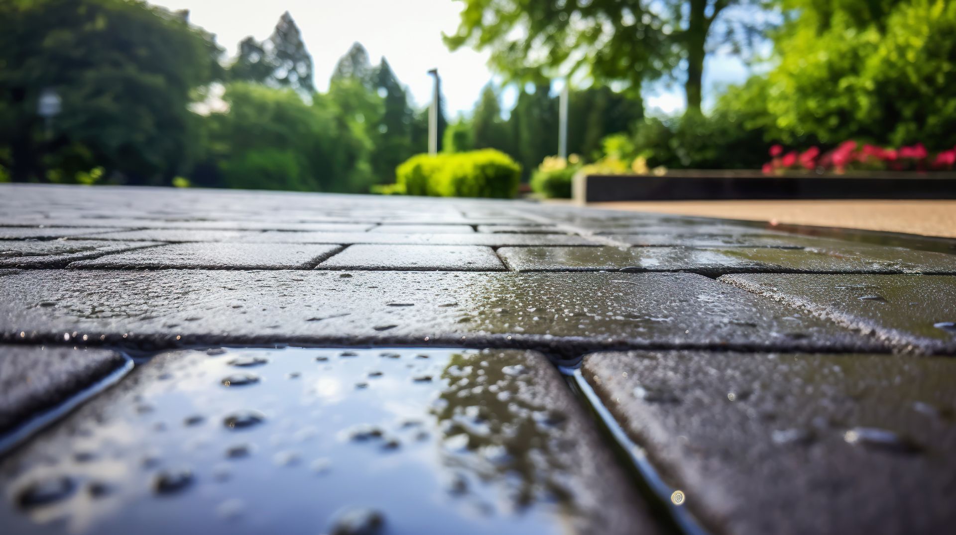 A low-angle view of wet, dark-colored stone pavers with raindrops and reflections, set against a blurry park background.