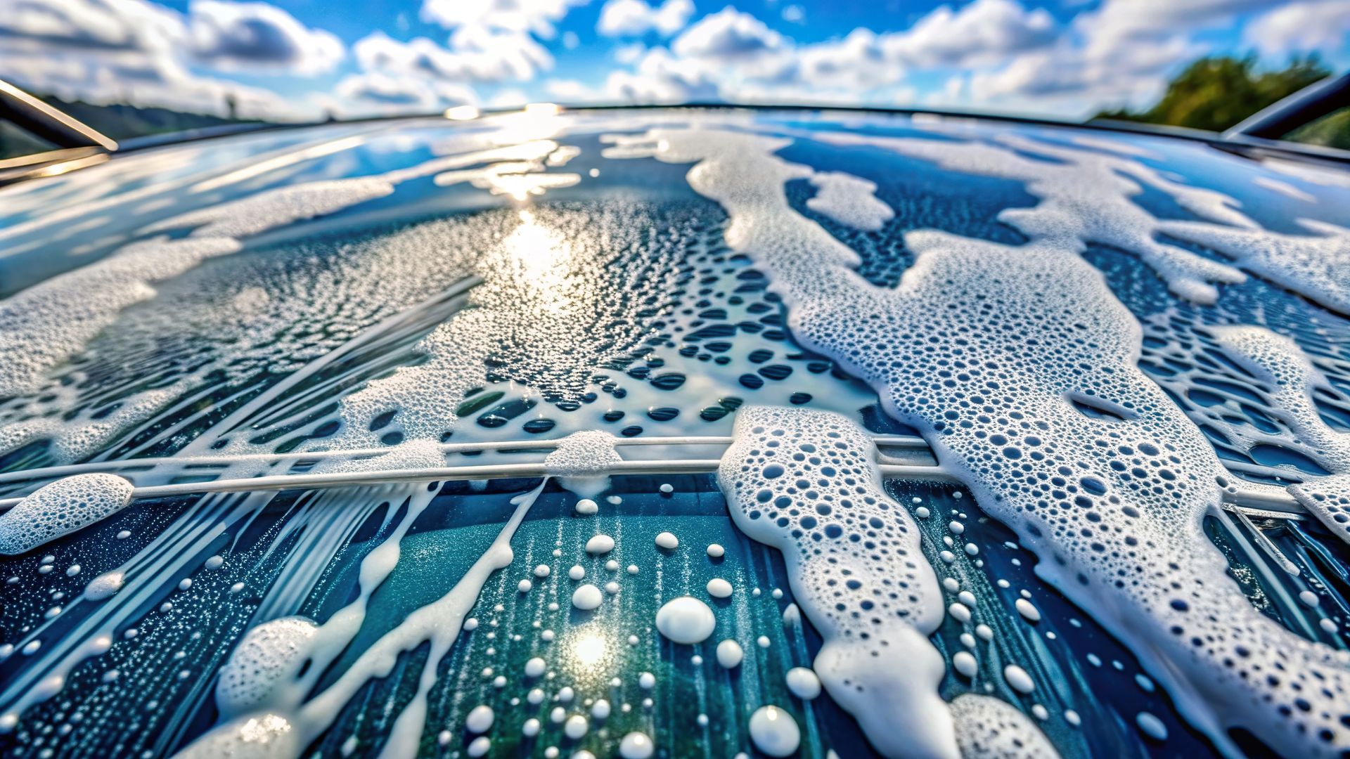 Soapy foam slides down a teal car roof under a bright, cloudy sky.