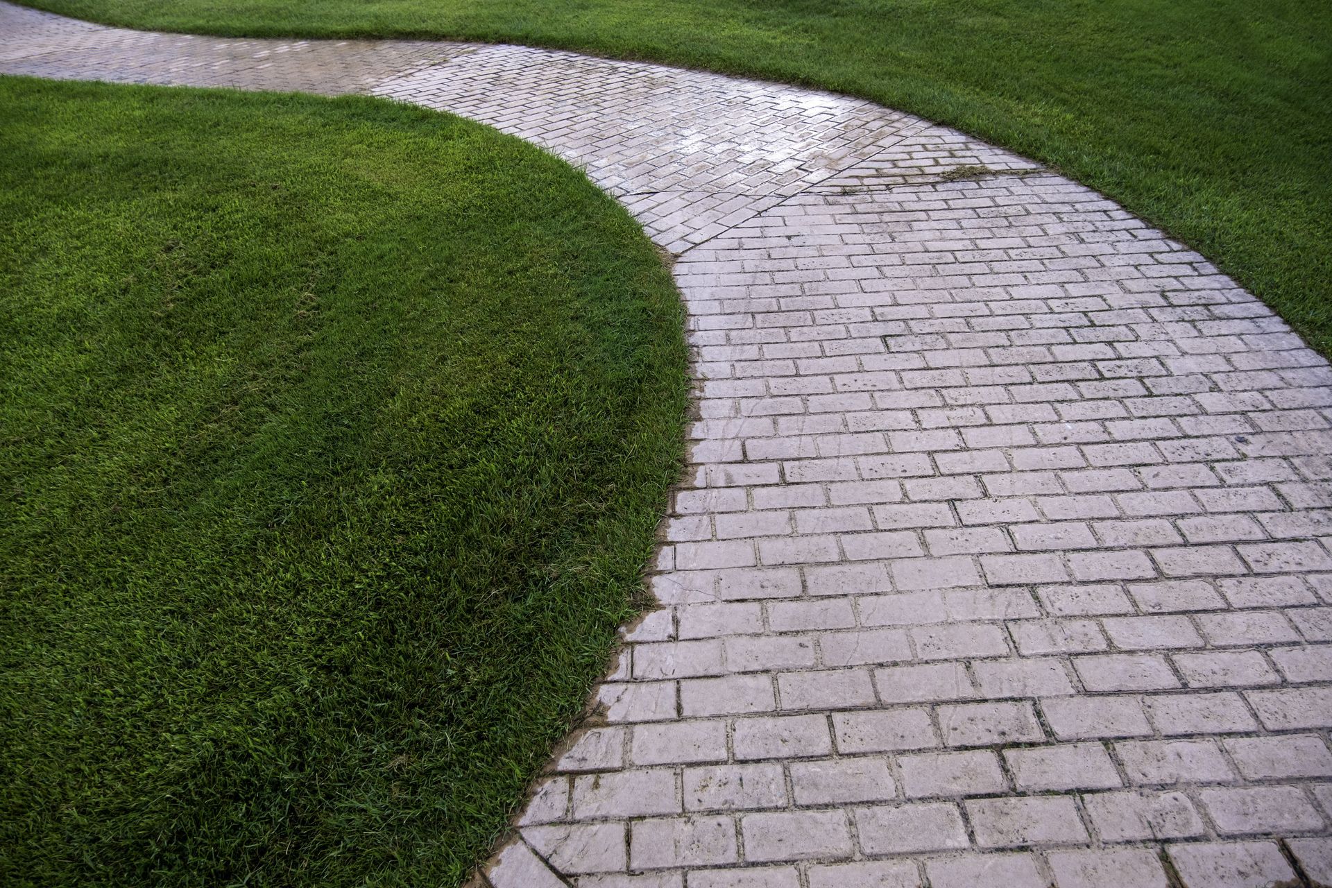A curved pathway made of light-colored stone pavers winds through a vibrant green lawn.