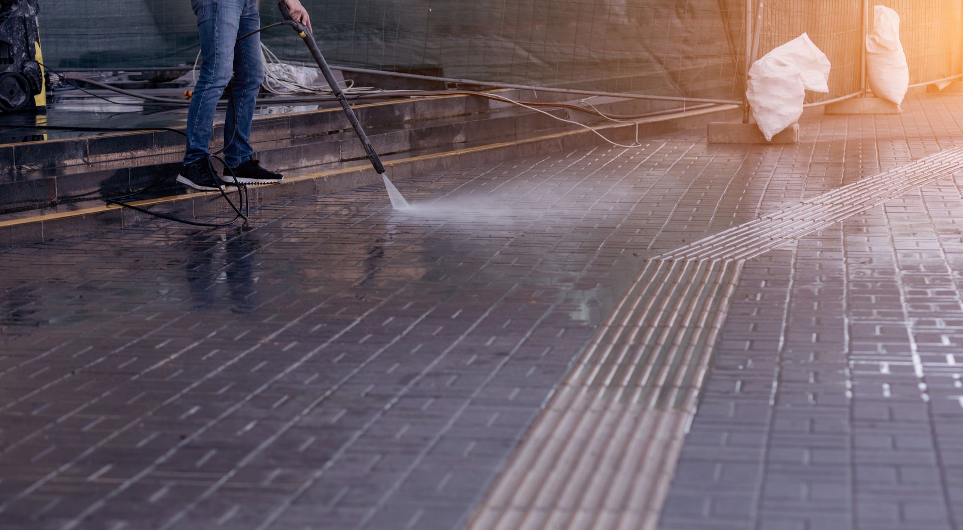 A person uses a pressure washer to clean dark, wet pavers on a walkway with tactile paving strips.