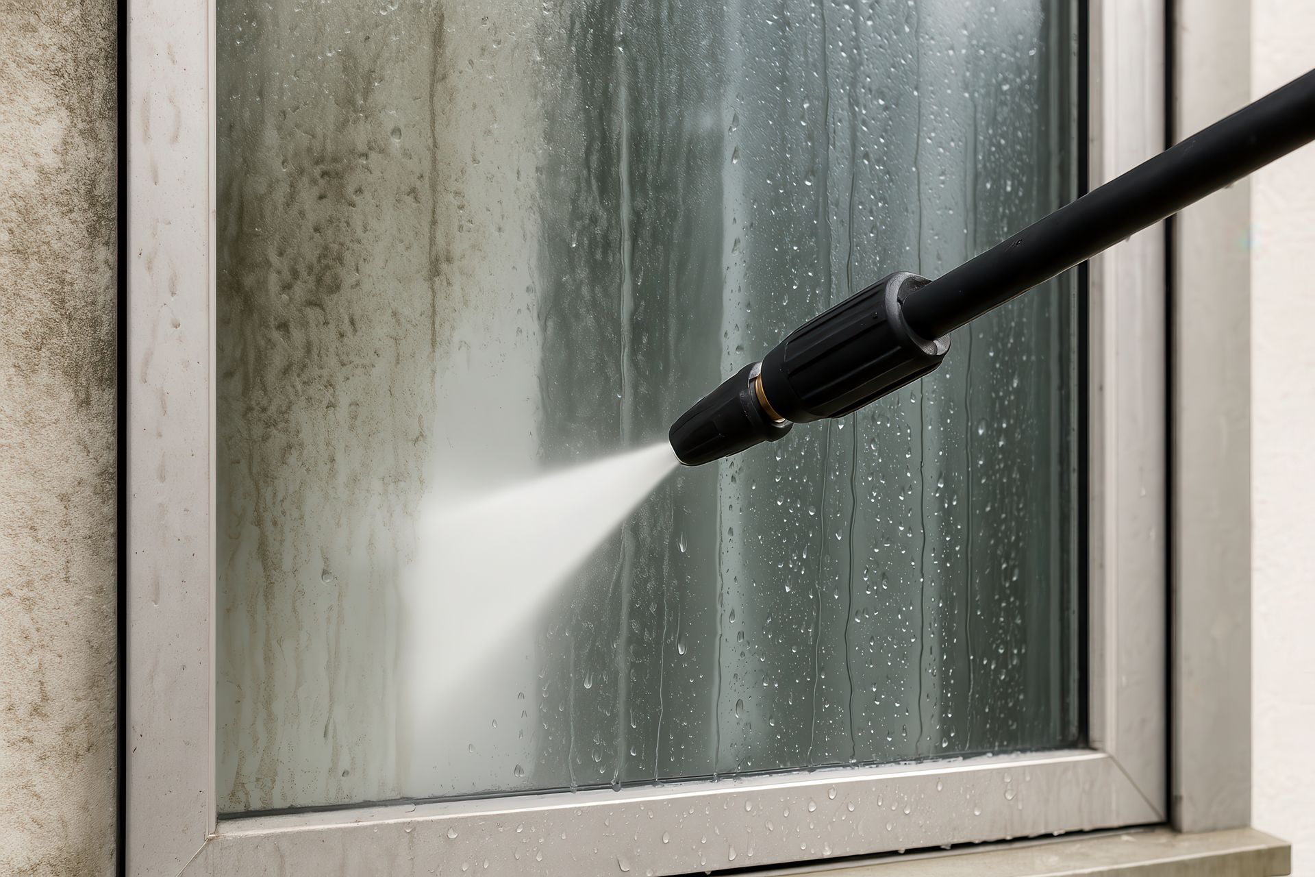 A pressure washer spraying a jet of water to clean a dirty glass window pane in a metal frame.