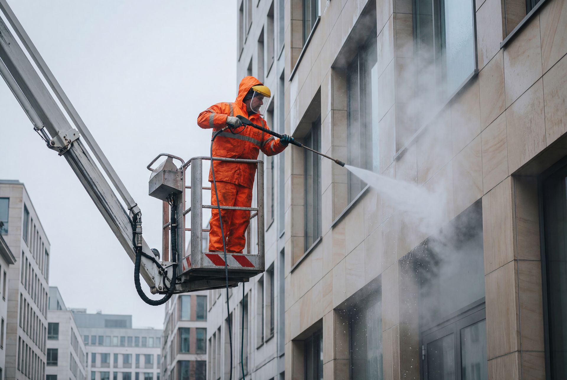 A worker in orange protective gear uses a pressure washer to clean the exterior of a light-colored commercial building.