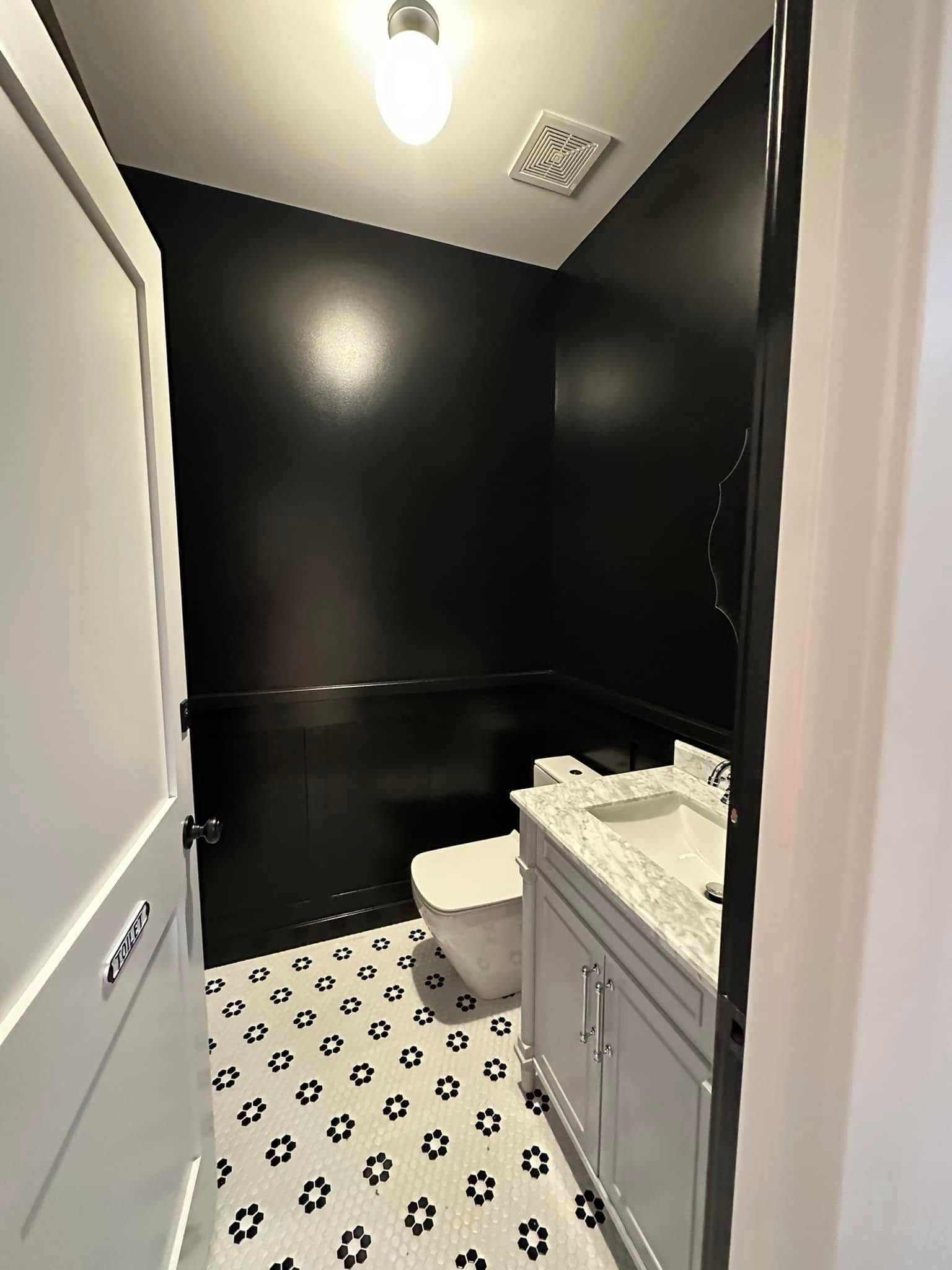 A bathroom with a toilet , sink , and black walls.